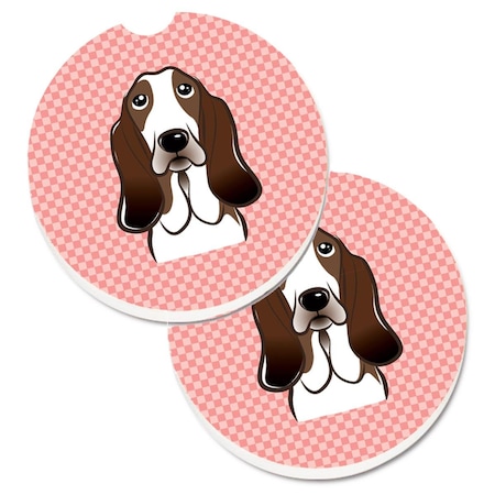 Carolines Treasures Checkerboard Pink Basset Hound Cup Holder Car Coaster, PK2 BB1243CARC